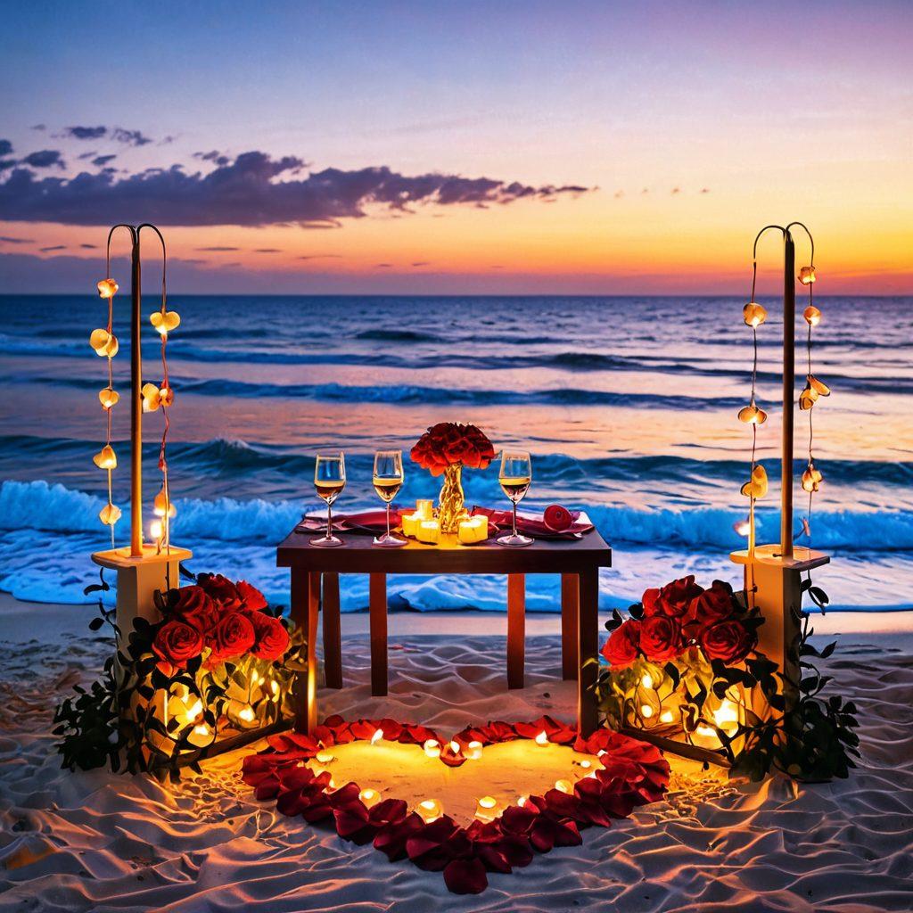 A serene, candle-lit dinner setting on a secluded beach at sunset, with a table decorated with rose petals and a heart-shaped floral arrangement. A couple toasts with champagne glasses, their faces illuminated by the warm glow of lanterns, the ocean waves gently lapping in the background. super-realistic. vibrant colors.