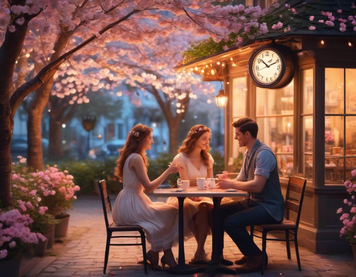 A romantic scene of a couple holding hands in a charming outdoor café, with a backdrop of blooming cherry blossoms and soft fairy lights. They are smiling warmly at each other, radiating warmth and connection. The background should include a vintage clock and subtle heart shapes in the environment to symbolize eternal love. super-realistic. vibrant colors. dreamy atmosphere.