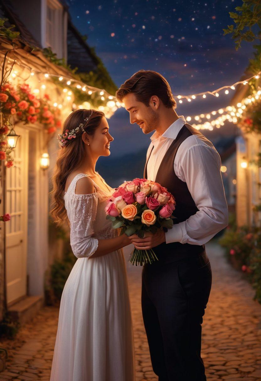 A charming couple in an enchanting setting; the man surprising the woman with a bouquet of roses, surrounded by soft candlelight and delicate fairy lights, with a backdrop of a picturesque night sky. Warm, intimate atmosphere with glowing expressions. romantic, dreamy, super-realistic, vibrant colors.